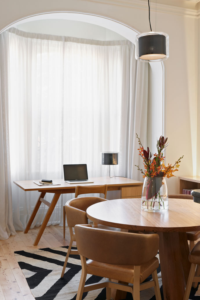 View to the study at the Heritage section of the house. Bay window creates a nook for the study desk. Furniture in natural timber finish complements the finishes used in the new addition.